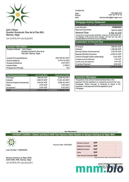 Niger Banque Islamique du Niger (BIN) wyciąg z kredytu hipotecznego szablon Word i PDF